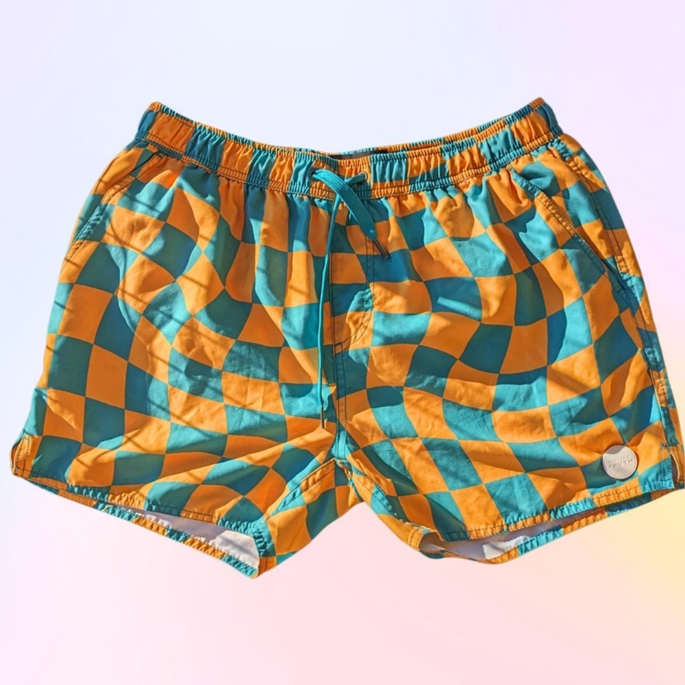 Blue & orange checkerboard swim trunks from Native Youth, Size men's 36